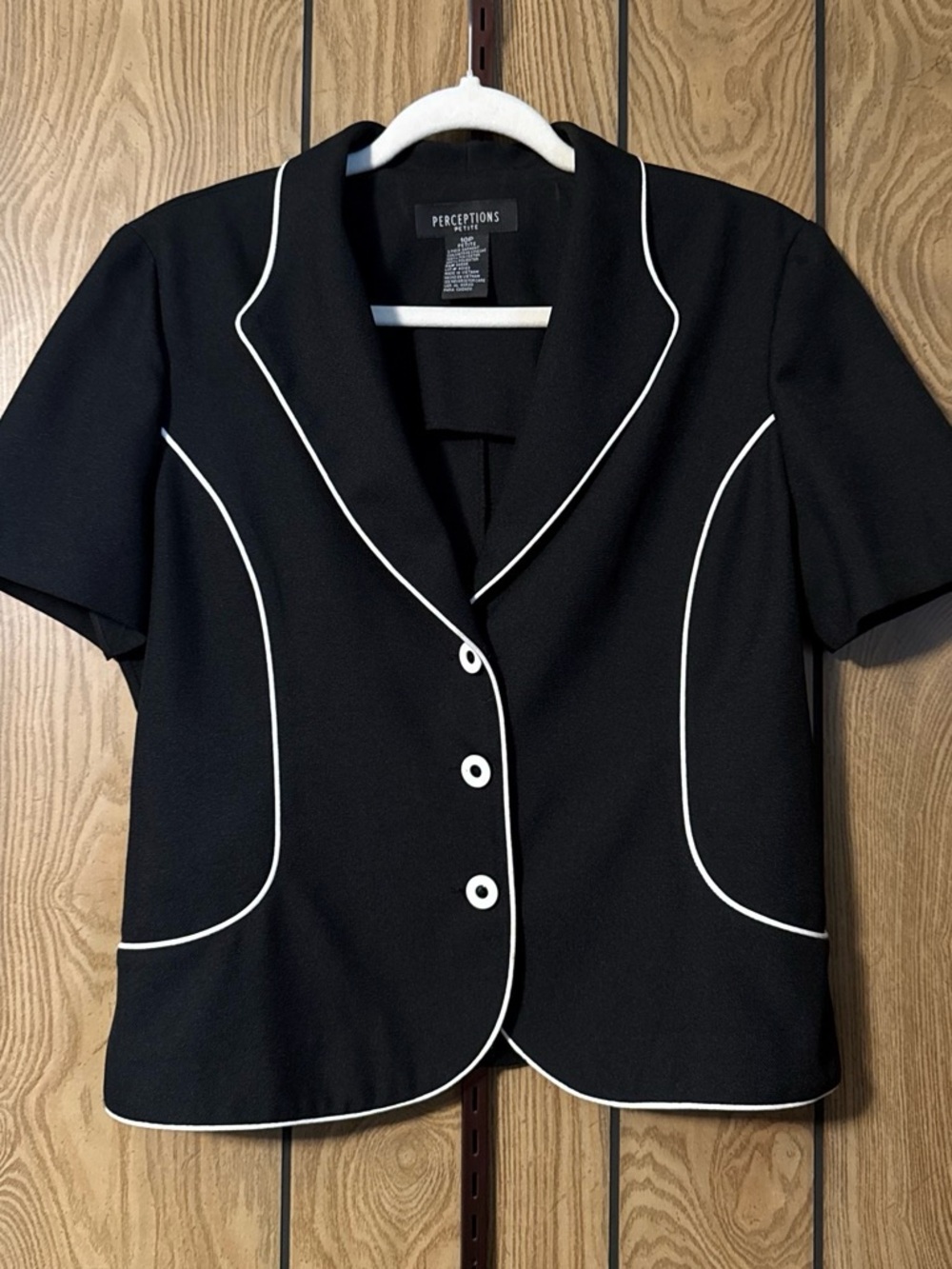 Perceptions Black Short-Sleeve Button-Front Top with White Piping